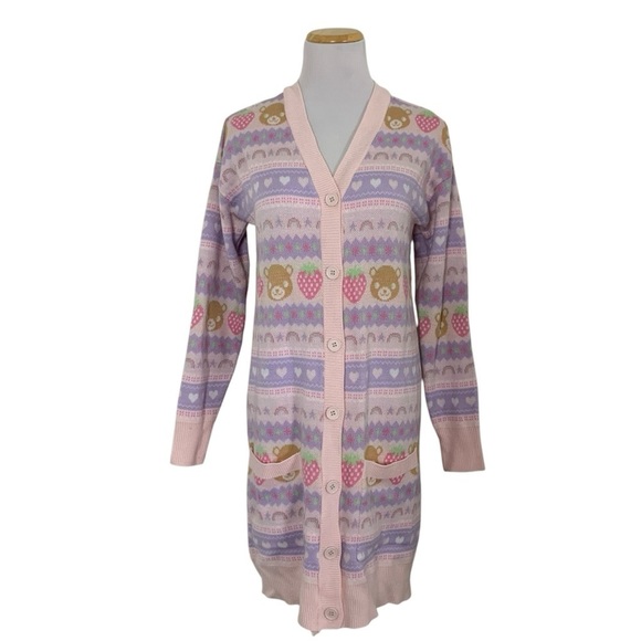 Hot Topic Pastel Teddy Bear & Strawberries Cardigan Longline Sweater Kawaii - Picture 3 of 17